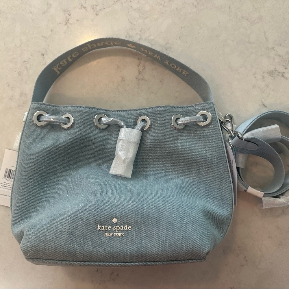 kate spade NWT Light Blue Canvas Drawstring Shoulder Bag with Silver Hardware